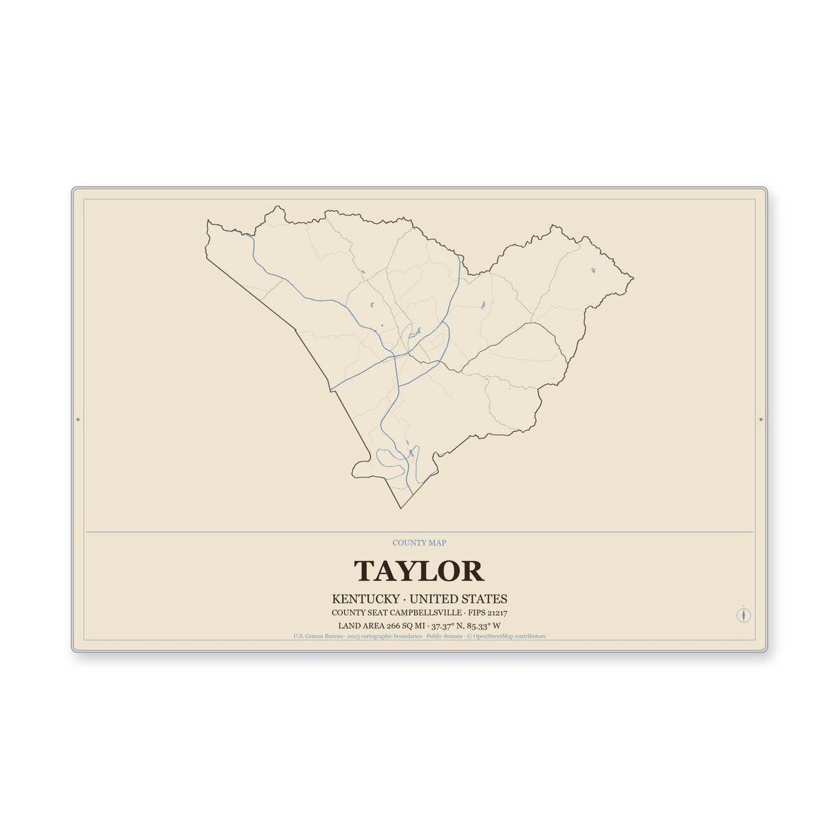 Taylor County, Kentucky Map Aluminum Sign in Heritage Nautical style
