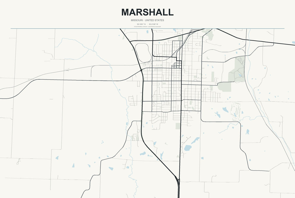 Marshall, Missouri City Map Aluminum Sign in Headline Atlas style
