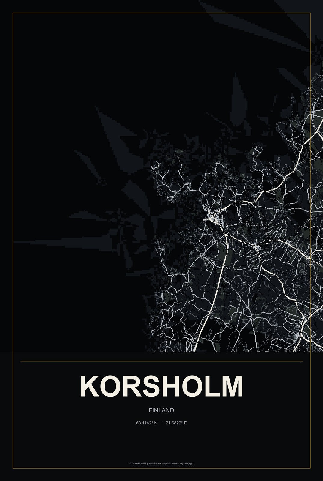 Korsholm, Finland City Map Aluminum Sign in Metropolitan Noir style