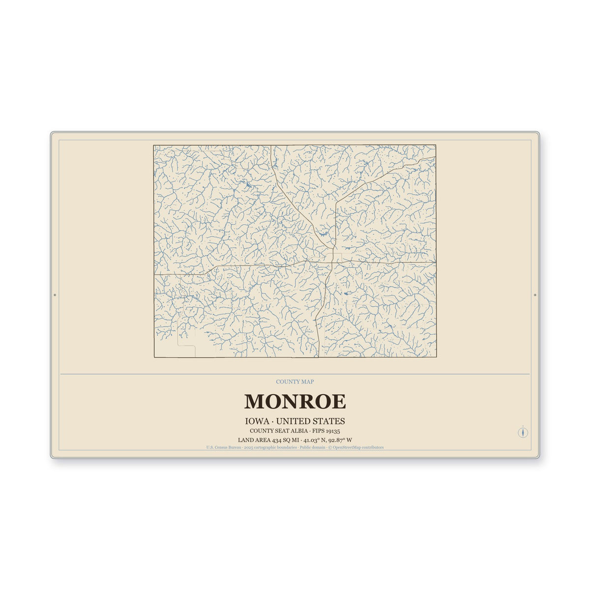 Monroe County, Iowa Map Aluminum Sign in Heritage Nautical style
