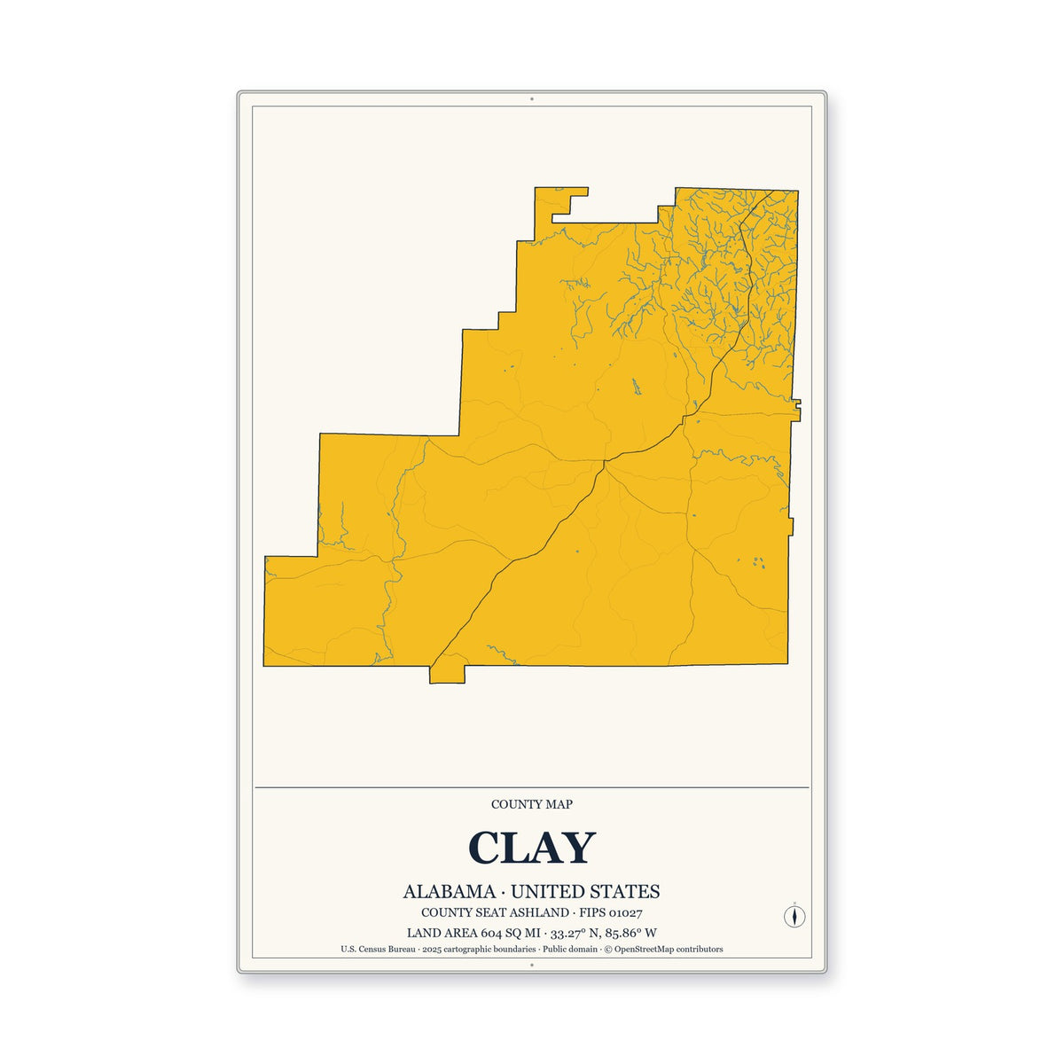 Clay County, Alabama Map Aluminum Sign in Citrine Modern style