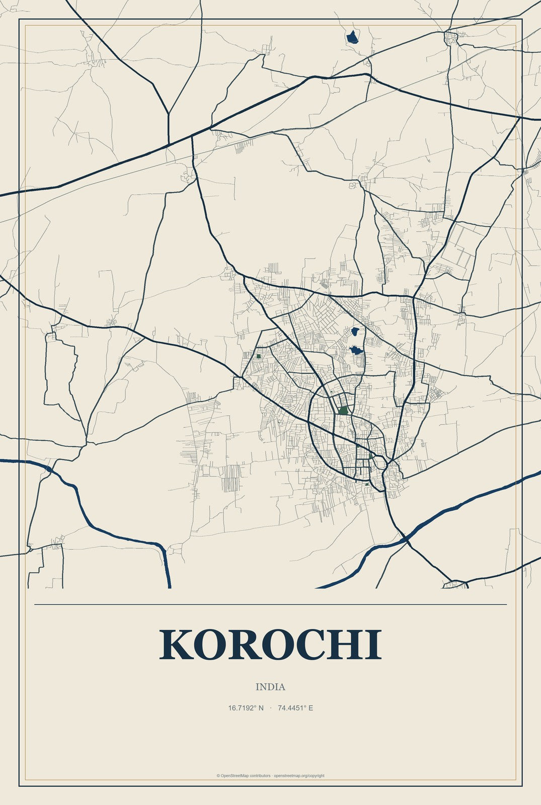 Korochi, India City Map Aluminum Sign in Coastal Cutout style