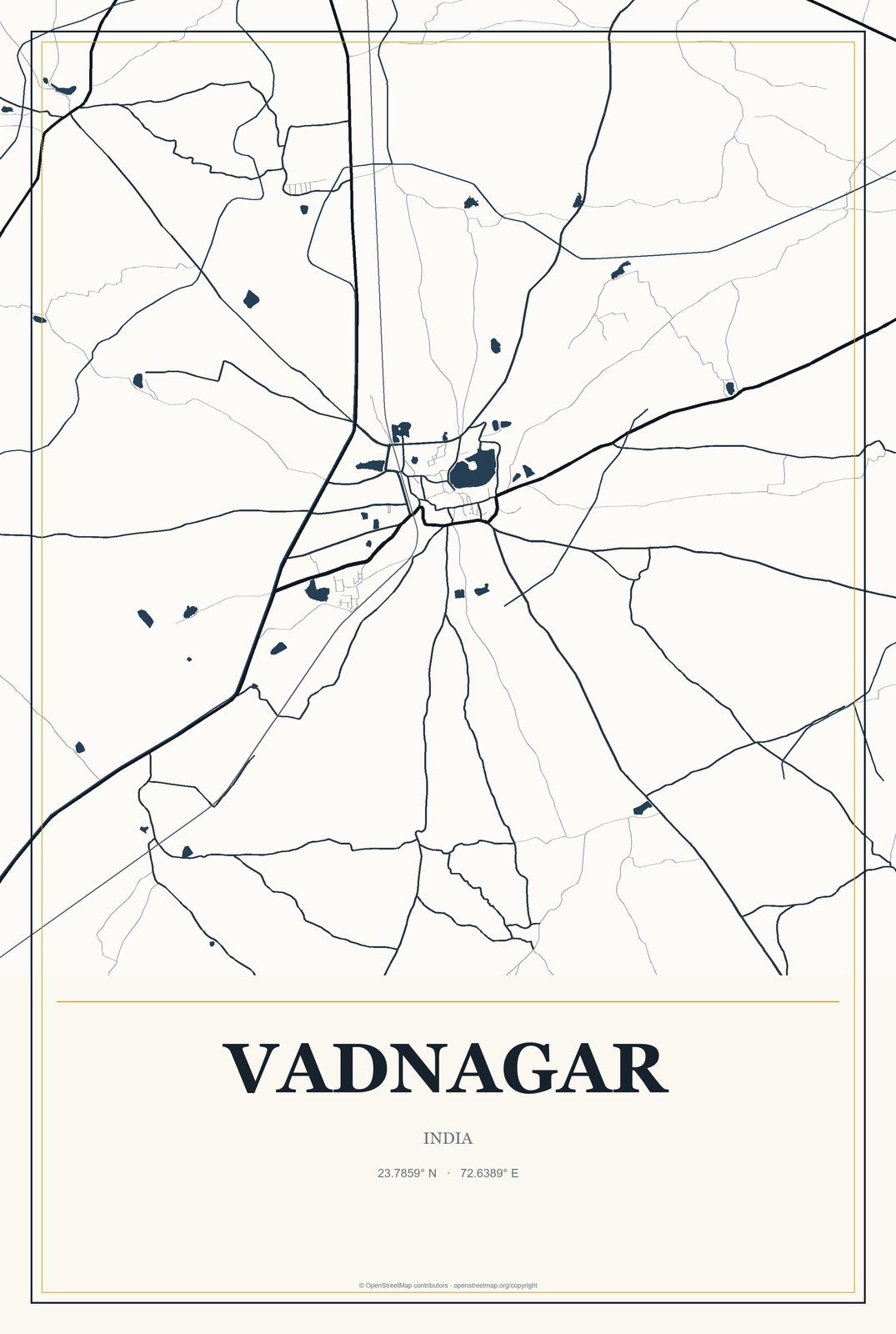 Vadnagar, India City Map Aluminum Sign in Citrine Modern style