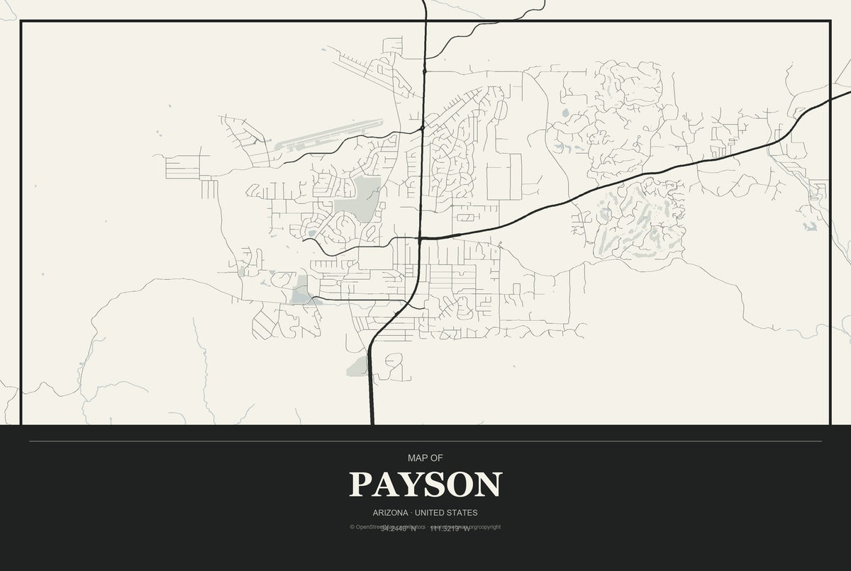 Payson, Arizona City Map Aluminum Sign in Museum Plaque style