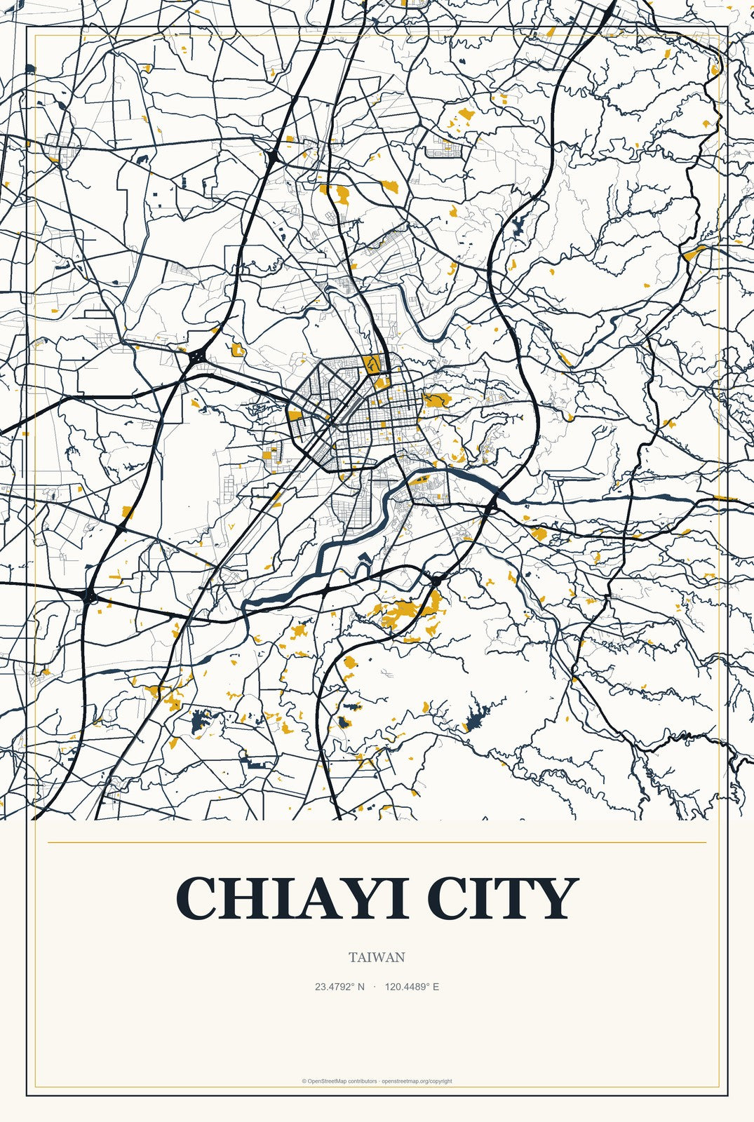 Chiayi City, Taiwan City Map Aluminum Sign in Citrine Modern style