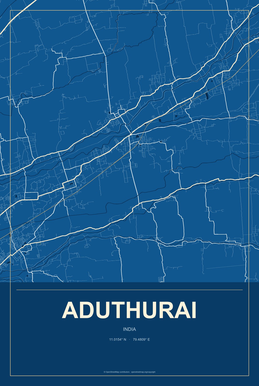 Aduthurai, India City Map Aluminum Sign in Harbor Cobalt style