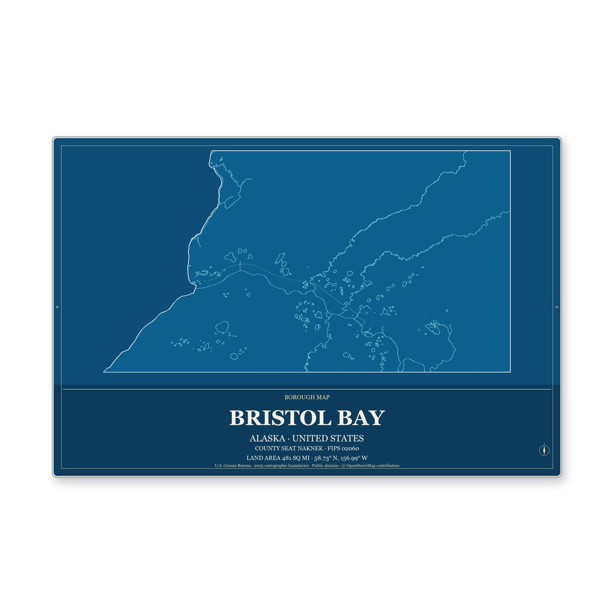 Bristol Bay Borough, Alaska Map Aluminum Sign in Harbor Cobalt style