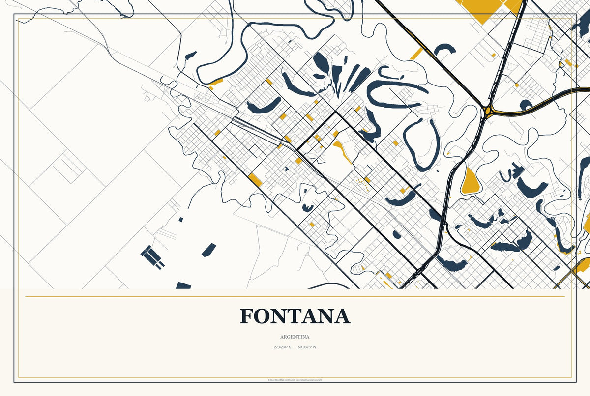 Fontana, Argentina City Map Aluminum Sign in Citrine Modern style