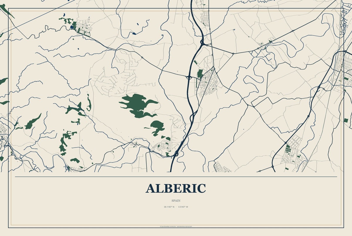 Alberic, Spain City Map Aluminum Sign in Coastal Cutout style