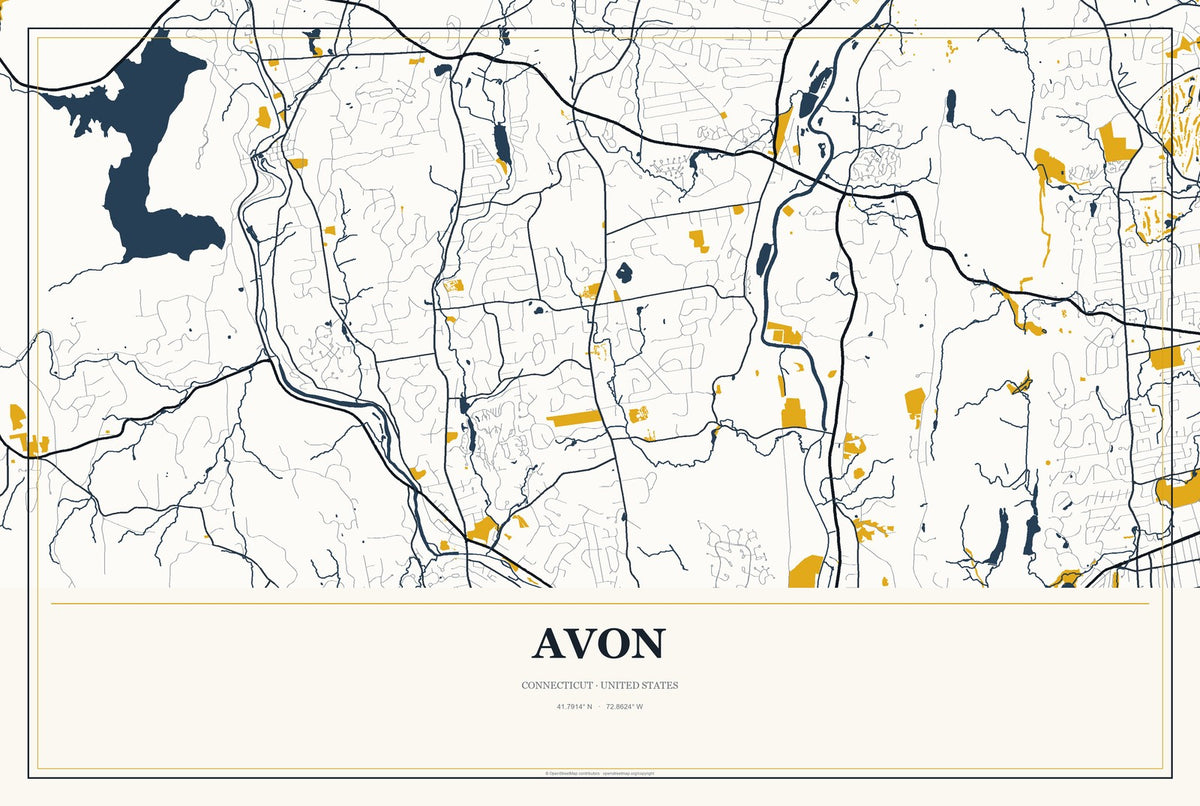 Avon, Connecticut City Map Aluminum Sign in Citrine Modern style