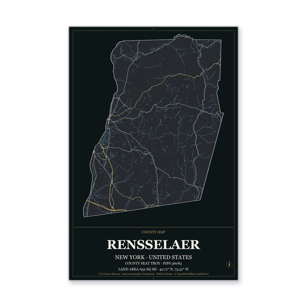 Rensselaer County, New York Map Aluminum Sign in Metropolitan Noir style