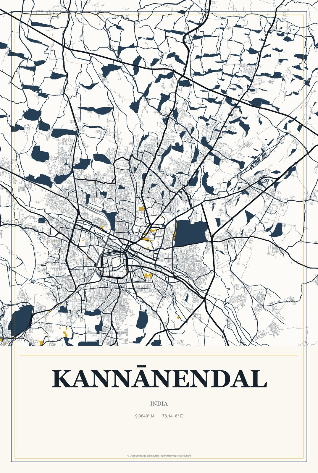 Kannānendal, India City Map Aluminum Sign in Citrine Modern style