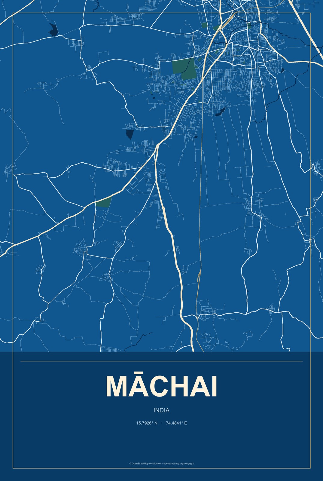 Māchai, India City Map Aluminum Sign in Harbor Cobalt style