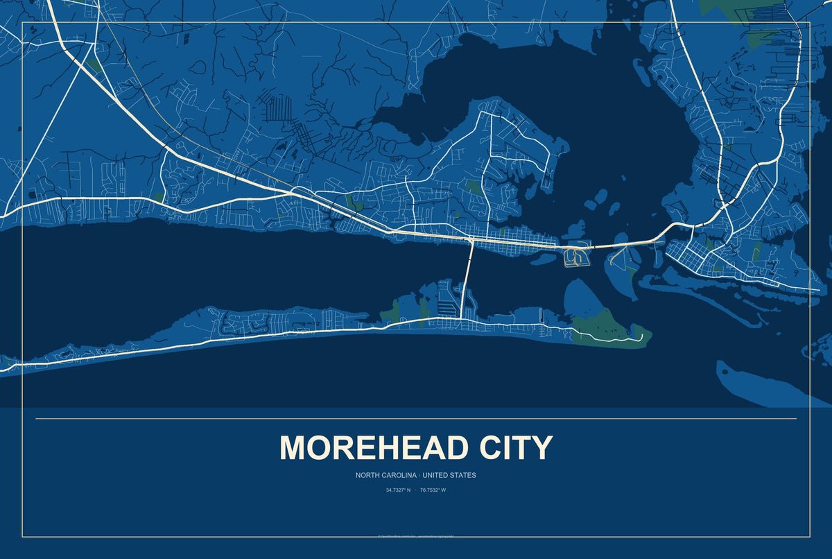 Morehead City, North Carolina City Map Aluminum Sign in Harbor Cobalt style