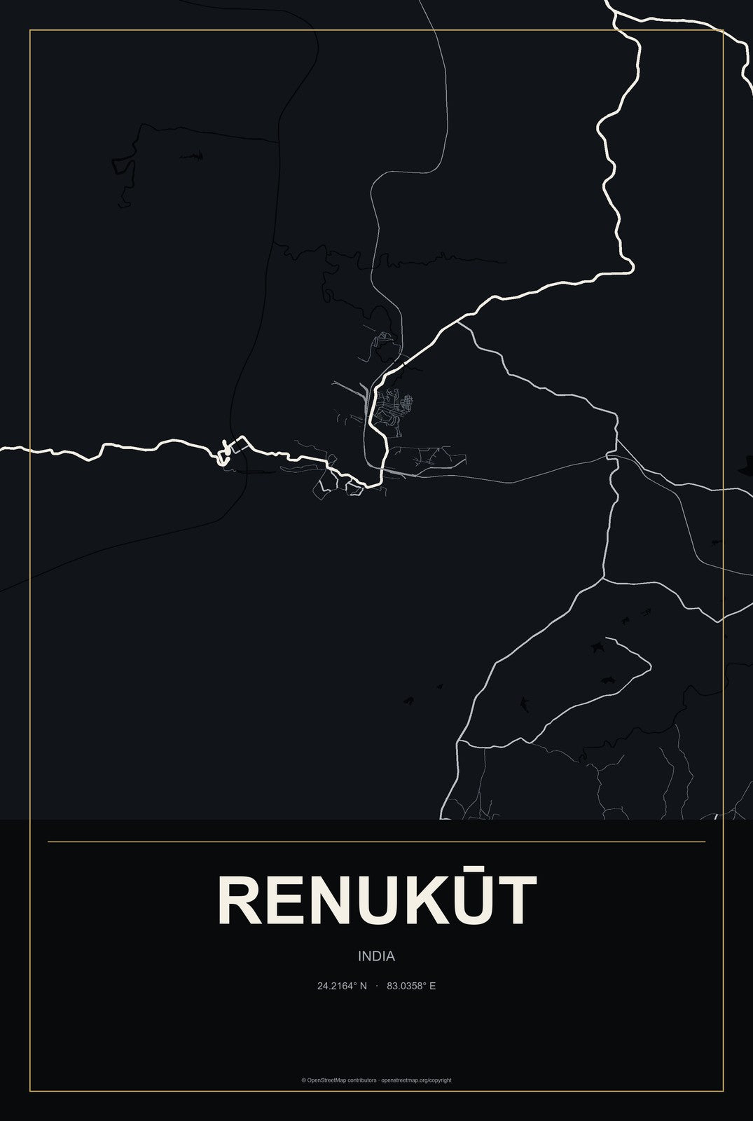 Renukūt, India City Map Aluminum Sign in Metropolitan Noir style