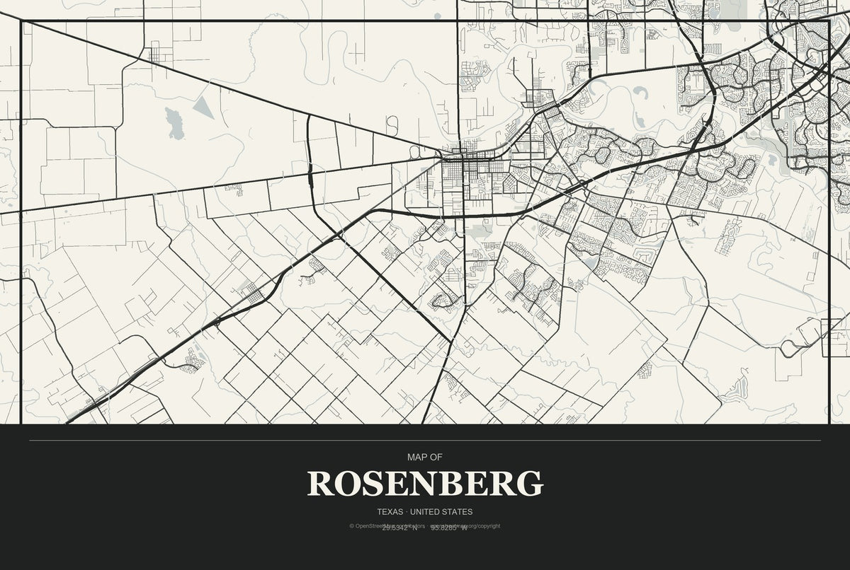 Rosenberg, Texas City Map Aluminum Sign in Museum Plaque style