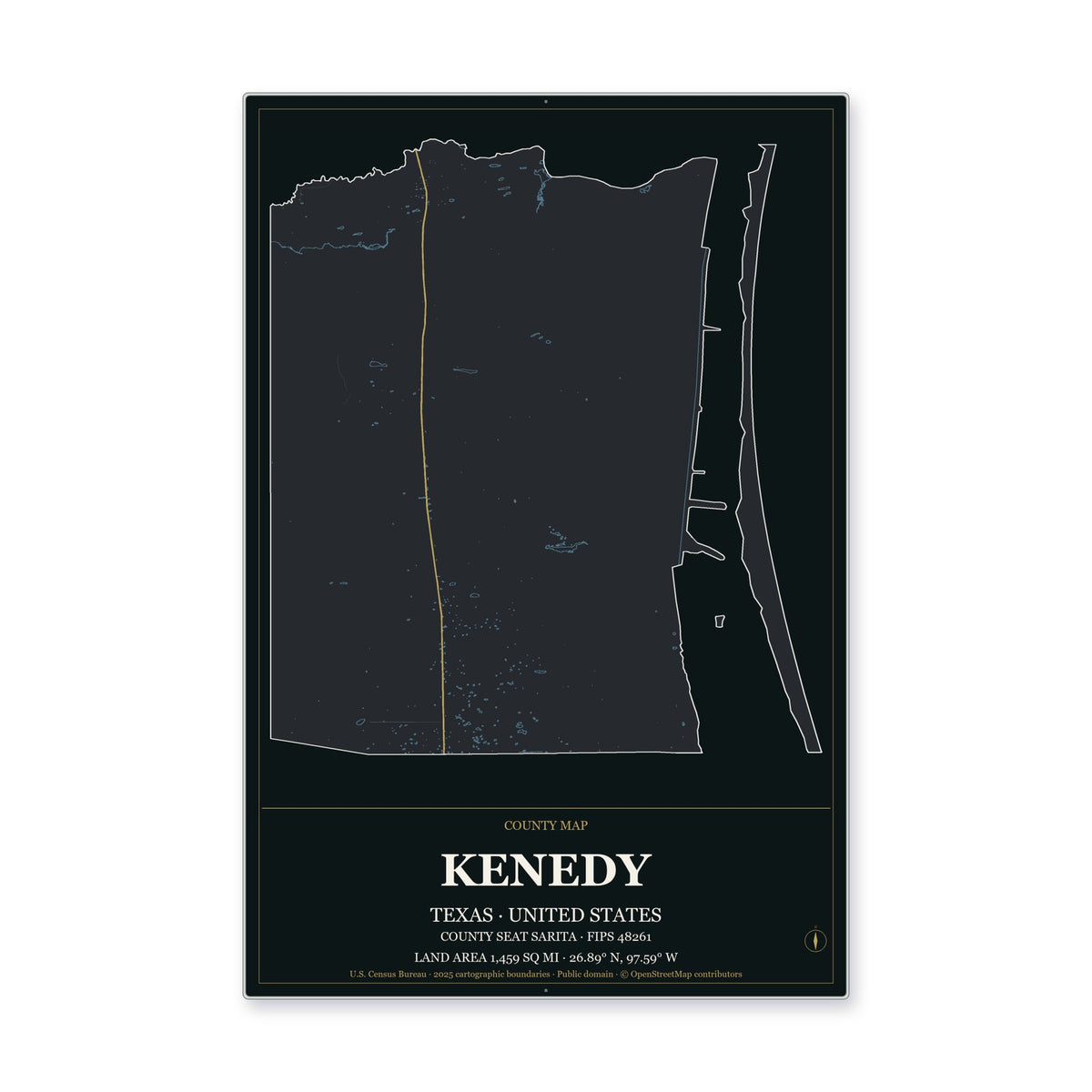 Kenedy County, Texas Map Aluminum Sign in Metropolitan Noir style