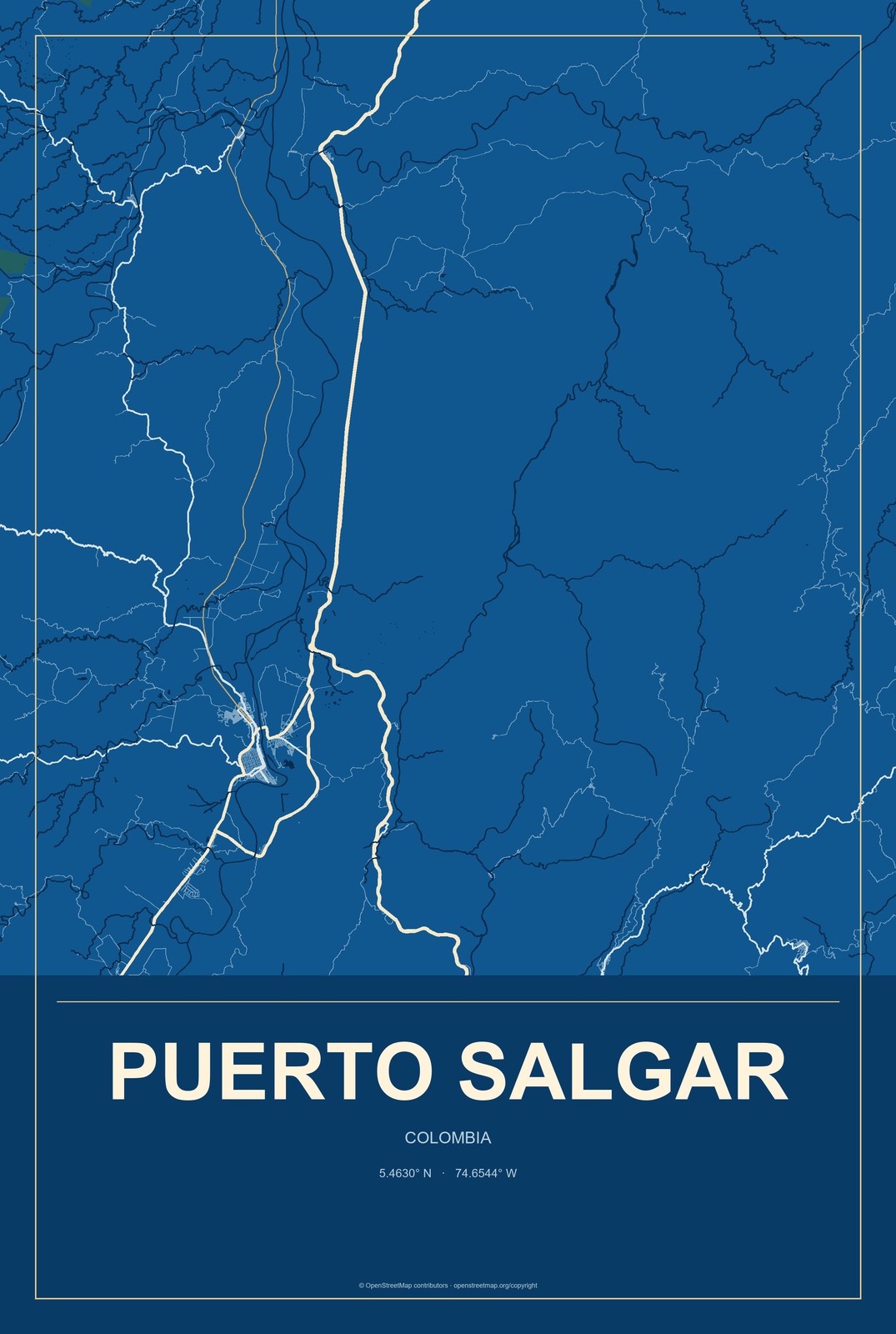 Puerto Salgar, Colombia City Map Aluminum Sign in Harbor Cobalt style