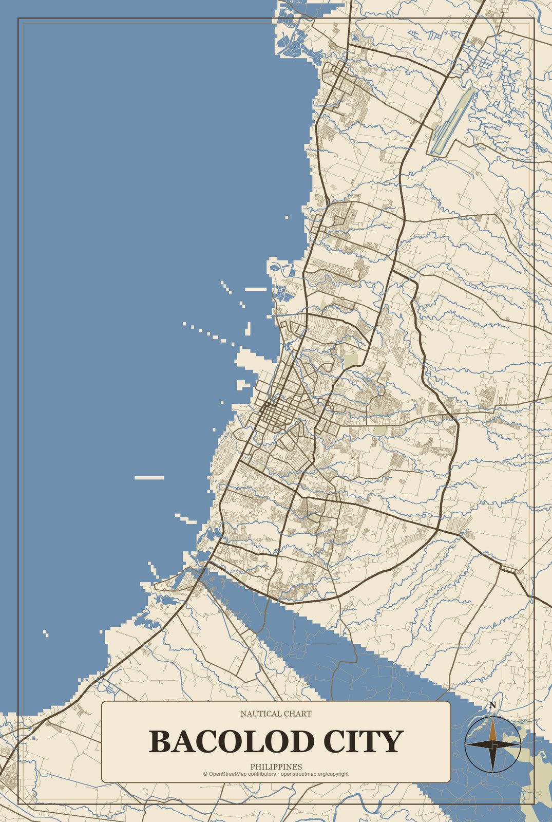 Bacolod City, Philippines City Map Aluminum Sign in Heritage Nautical style