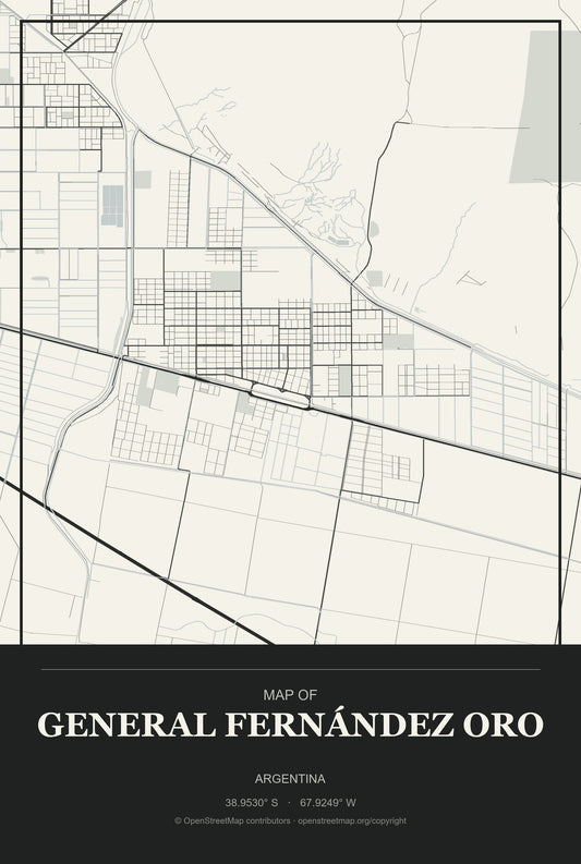 General Fernández Oro, Argentina City Map Aluminum Sign in Museum Plaque style