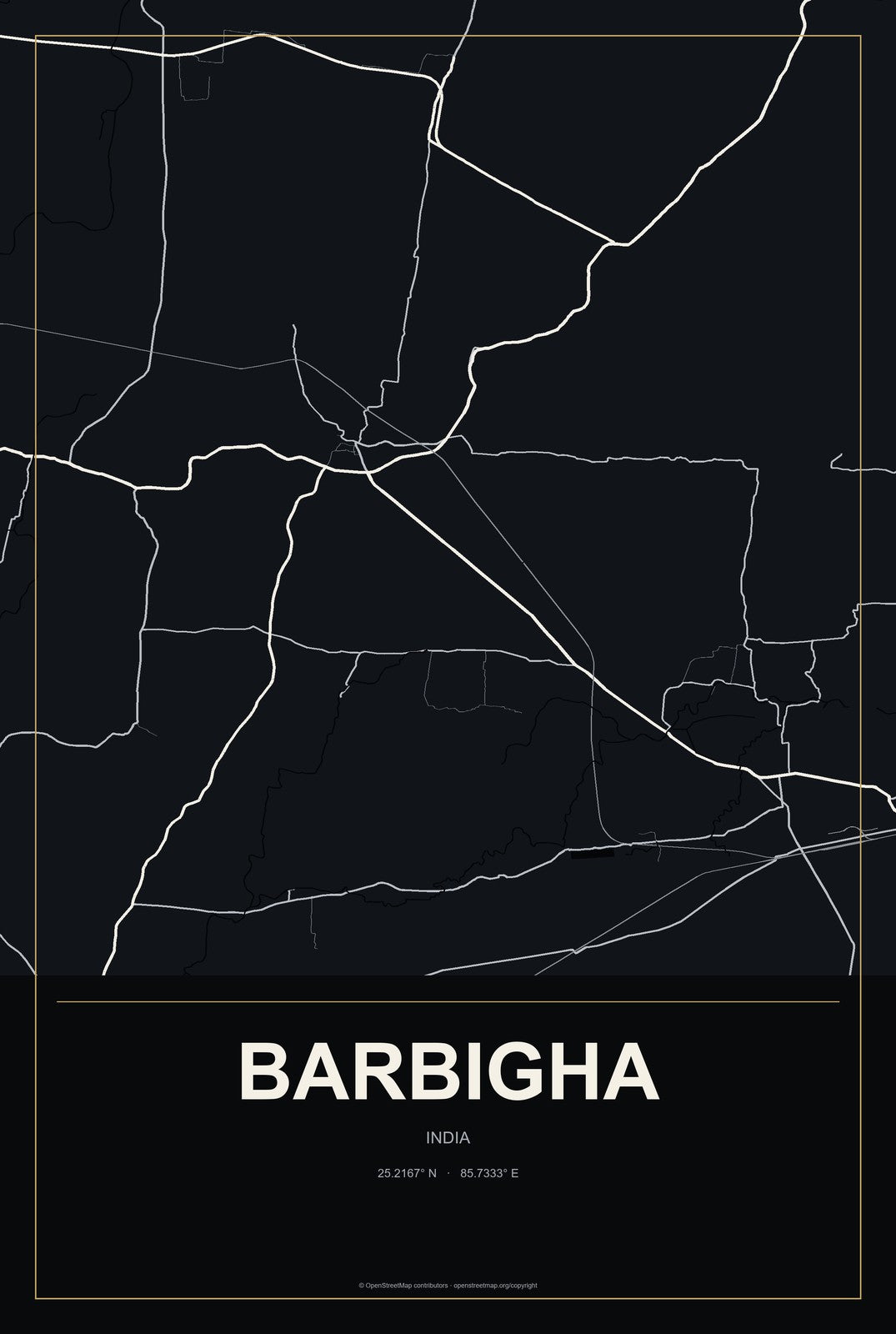 Barbigha, India City Map Aluminum Sign in Metropolitan Noir style