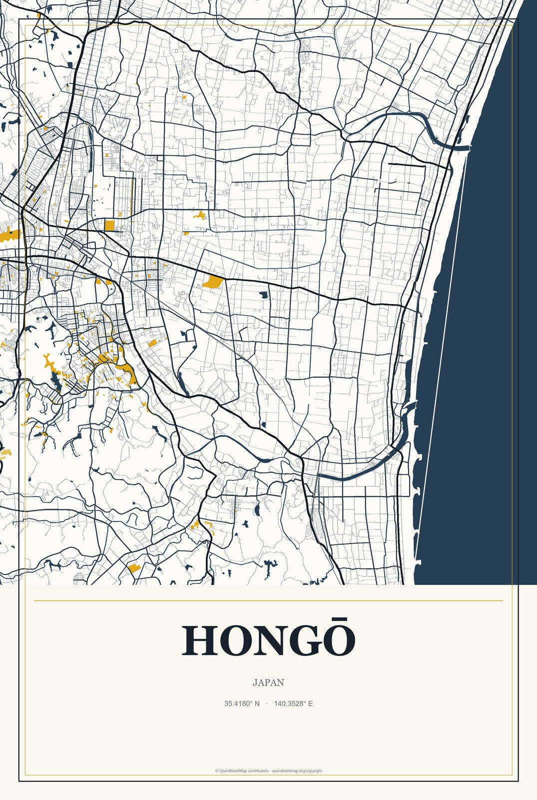Hongō, Japan City Map Aluminum Sign in Citrine Modern style