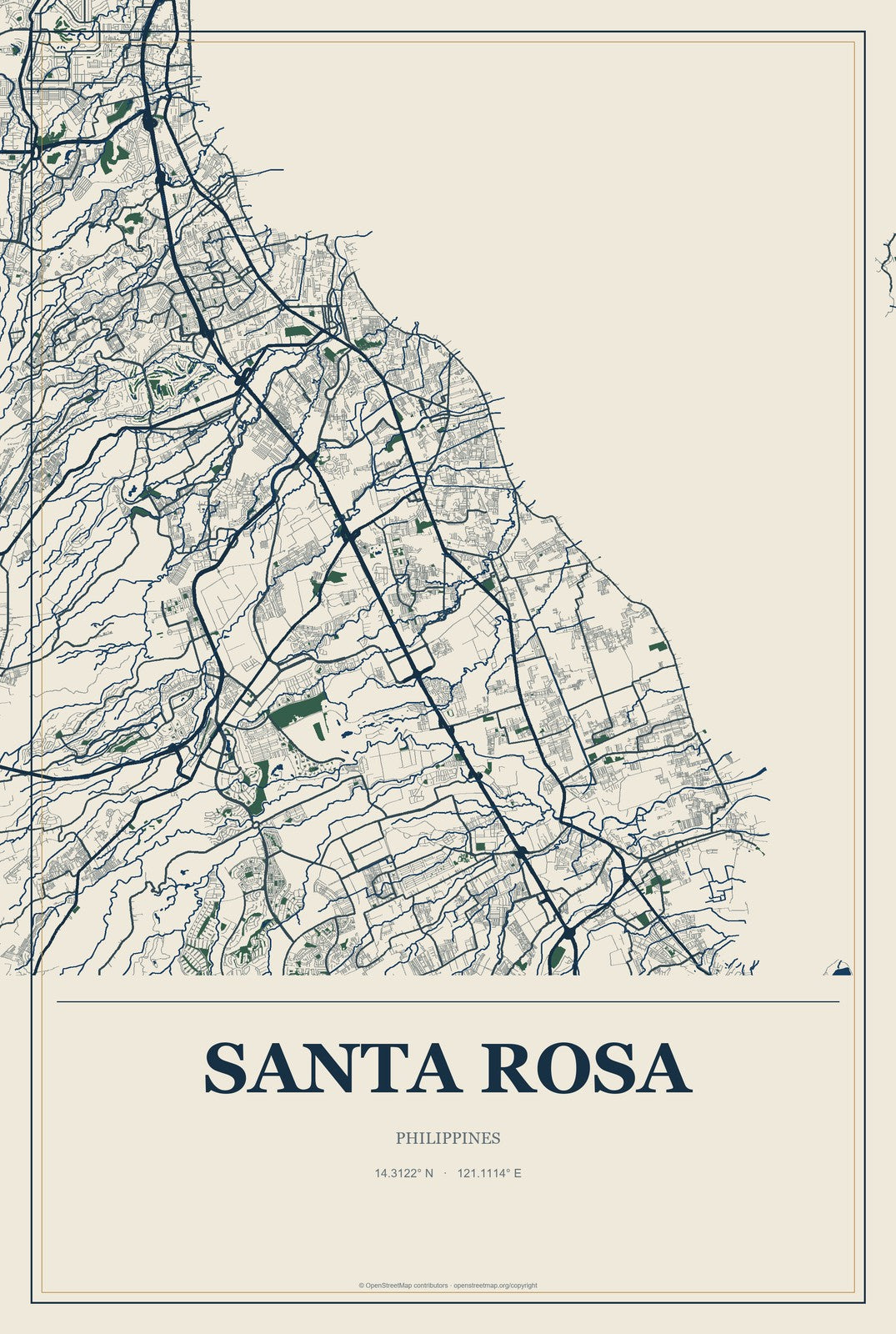 Santa Rosa, Central Luzon, Philippines City Map Aluminum Sign in Coastal Cutout style