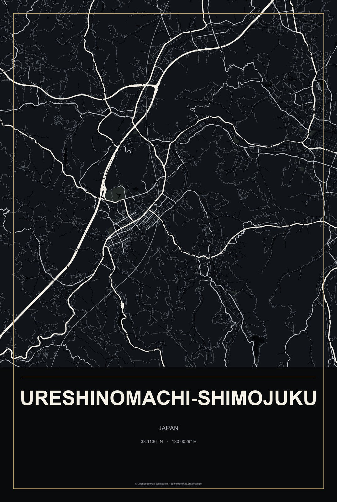 Ureshinomachi-shimojuku, Japan City Map Aluminum Sign in Metropolitan Noir style