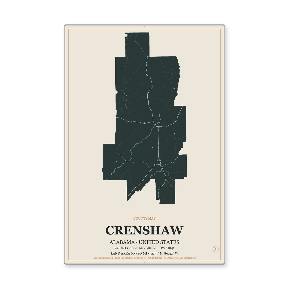 Crenshaw County, Alabama Map Aluminum Sign in Headline Atlas style