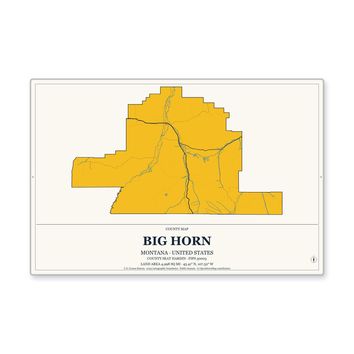 Big Horn County, Montana Map Aluminum Sign in Citrine Modern style