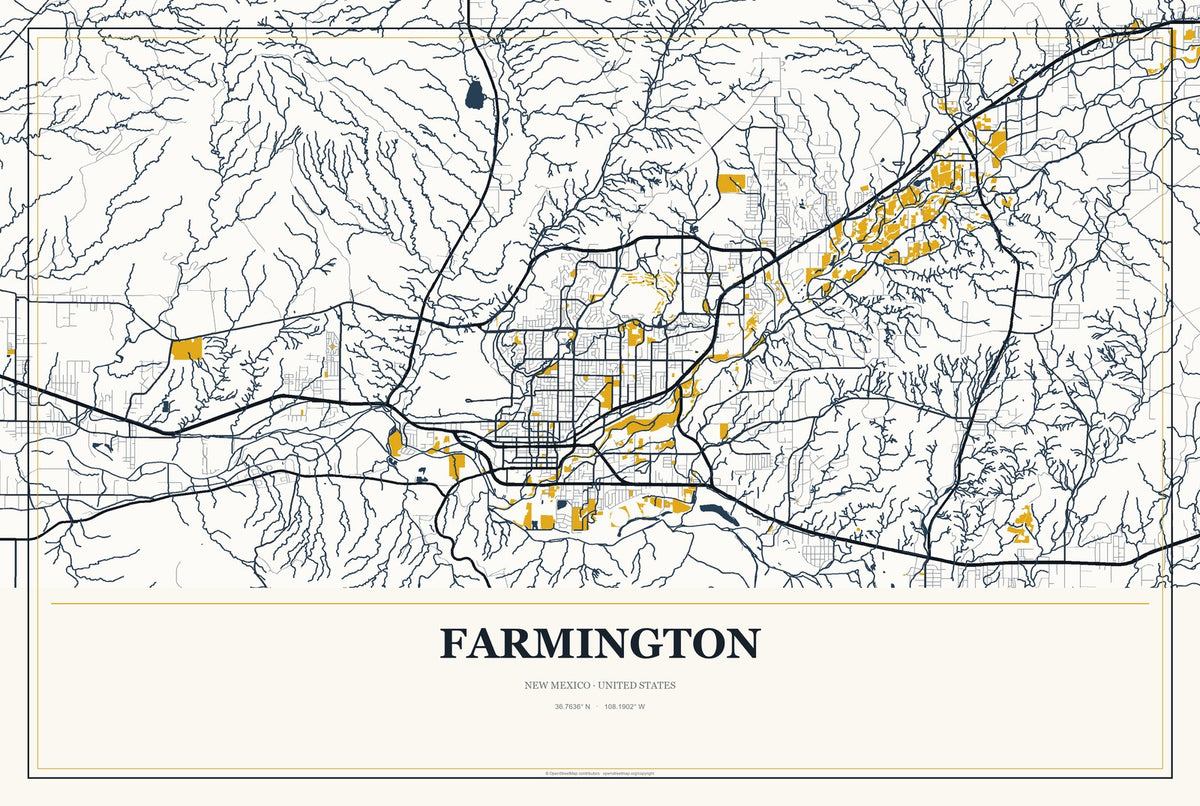 Farmington, New Mexico City Map Aluminum Sign in Citrine Modern style