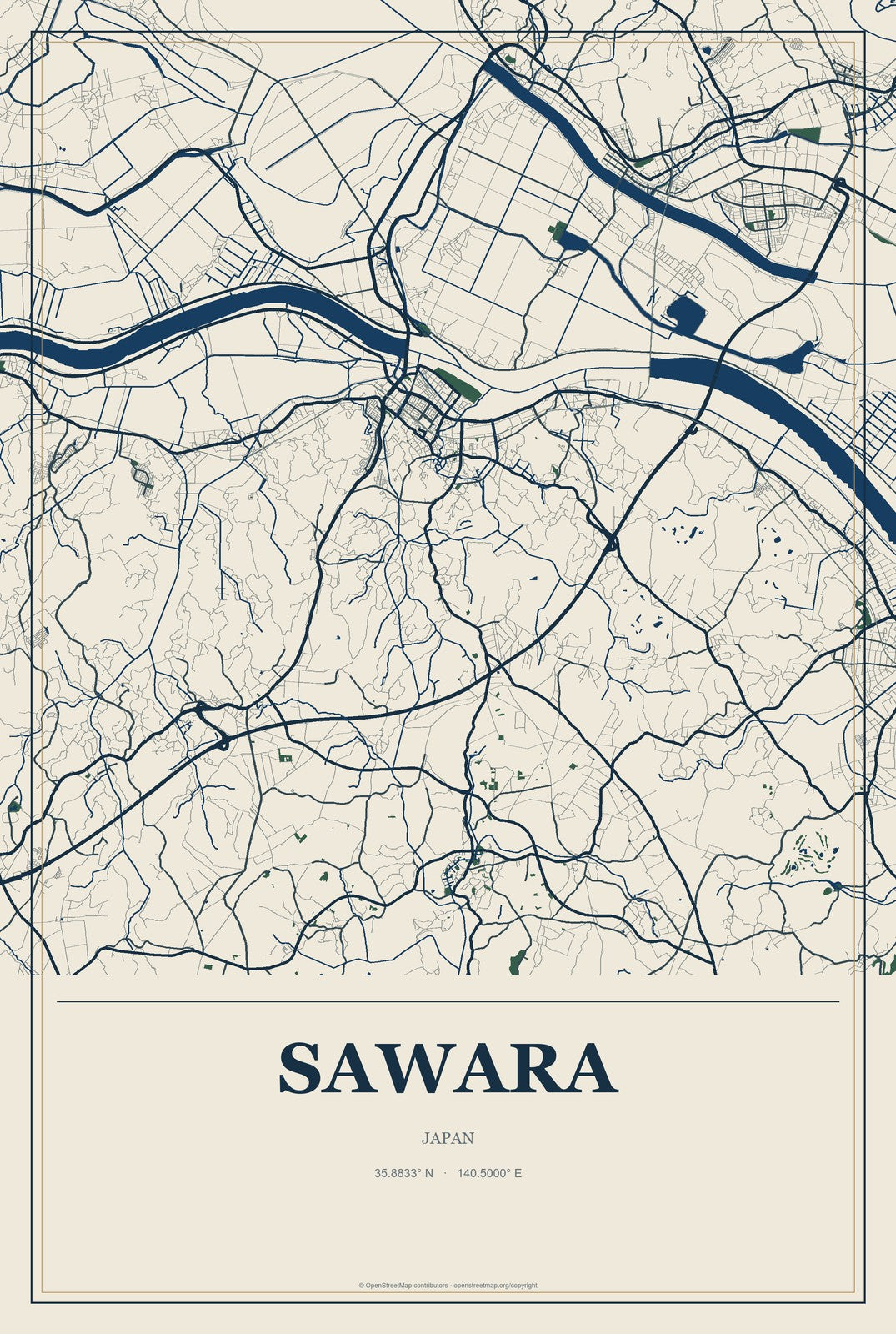 Sawara, Japan City Map Aluminum Sign in Coastal Cutout style
