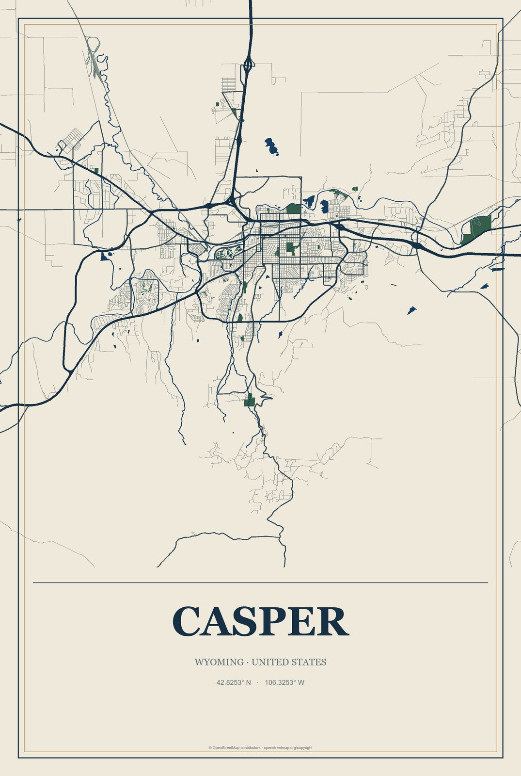 Casper, Wyoming City Map Aluminum Sign in Coastal Cutout style