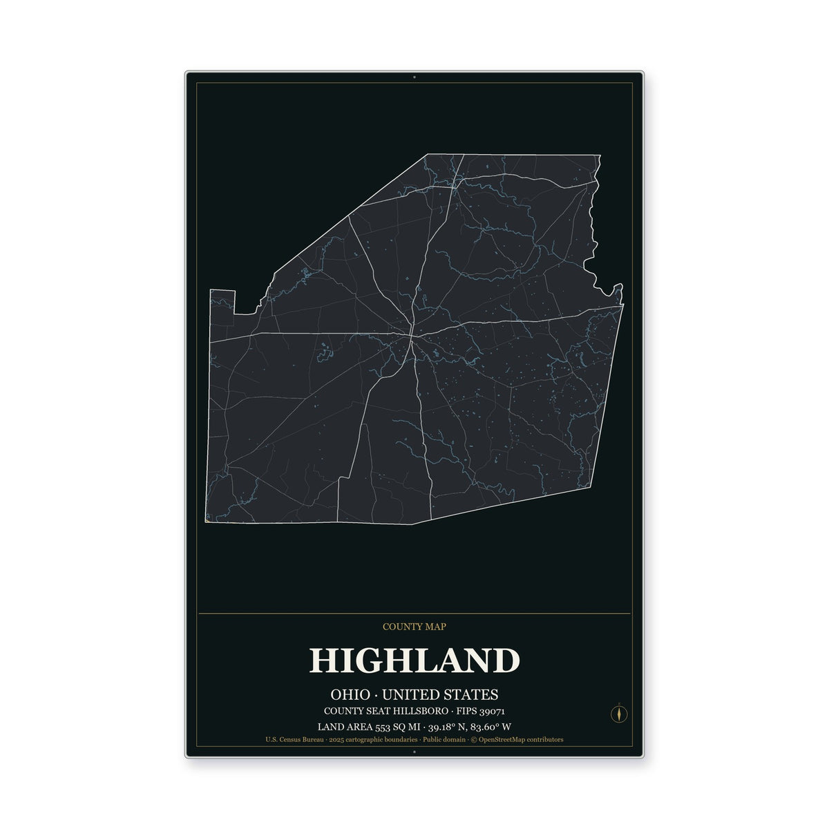 Highland County, Ohio Map Aluminum Sign in Metropolitan Noir style