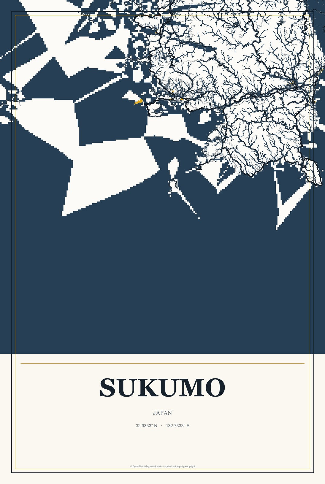 Sukumo, Japan City Map Aluminum Sign in Citrine Modern style