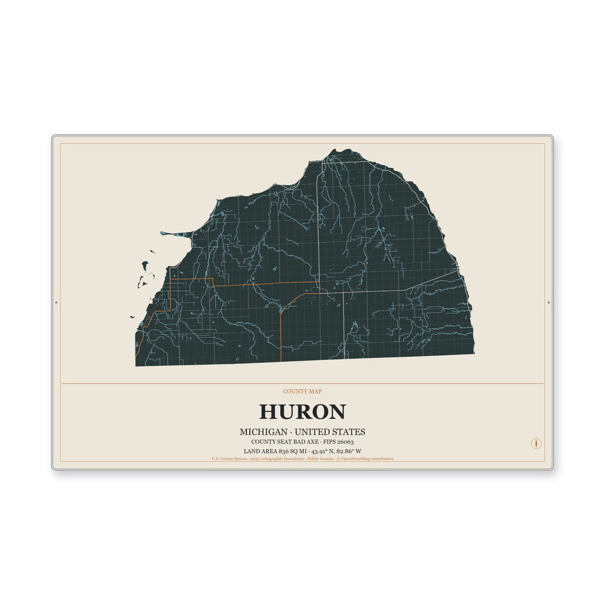 Huron County, Michigan Map Aluminum Sign in Headline Atlas style