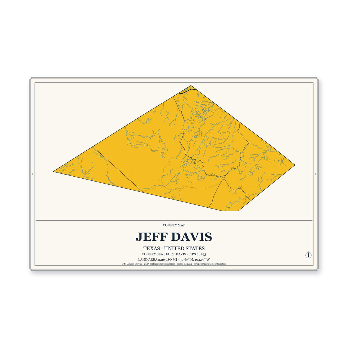 Jeff Davis County, Texas Map Aluminum Sign in Citrine Modern style