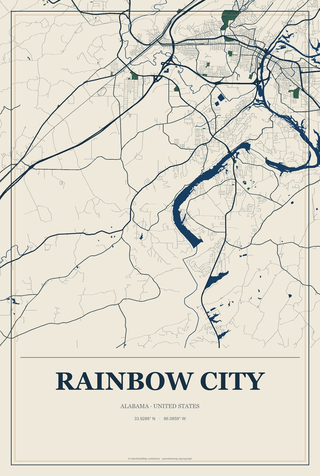 Rainbow City, Alabama City Map Aluminum Sign in Coastal Cutout style