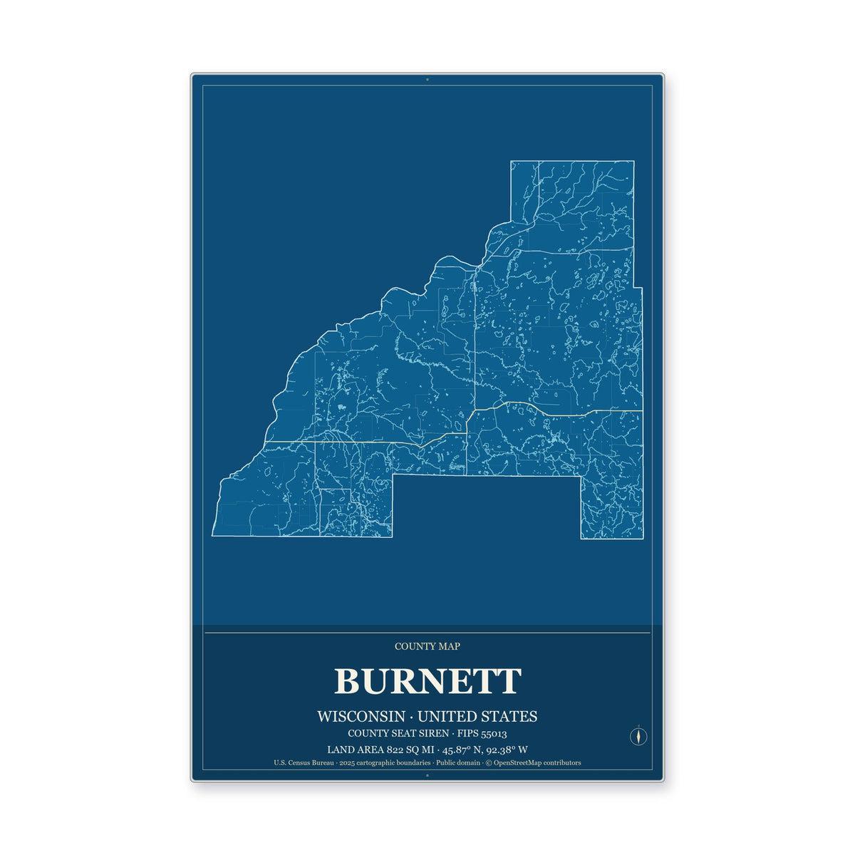 Burnett County, Wisconsin Map Aluminum Sign in Harbor Cobalt style