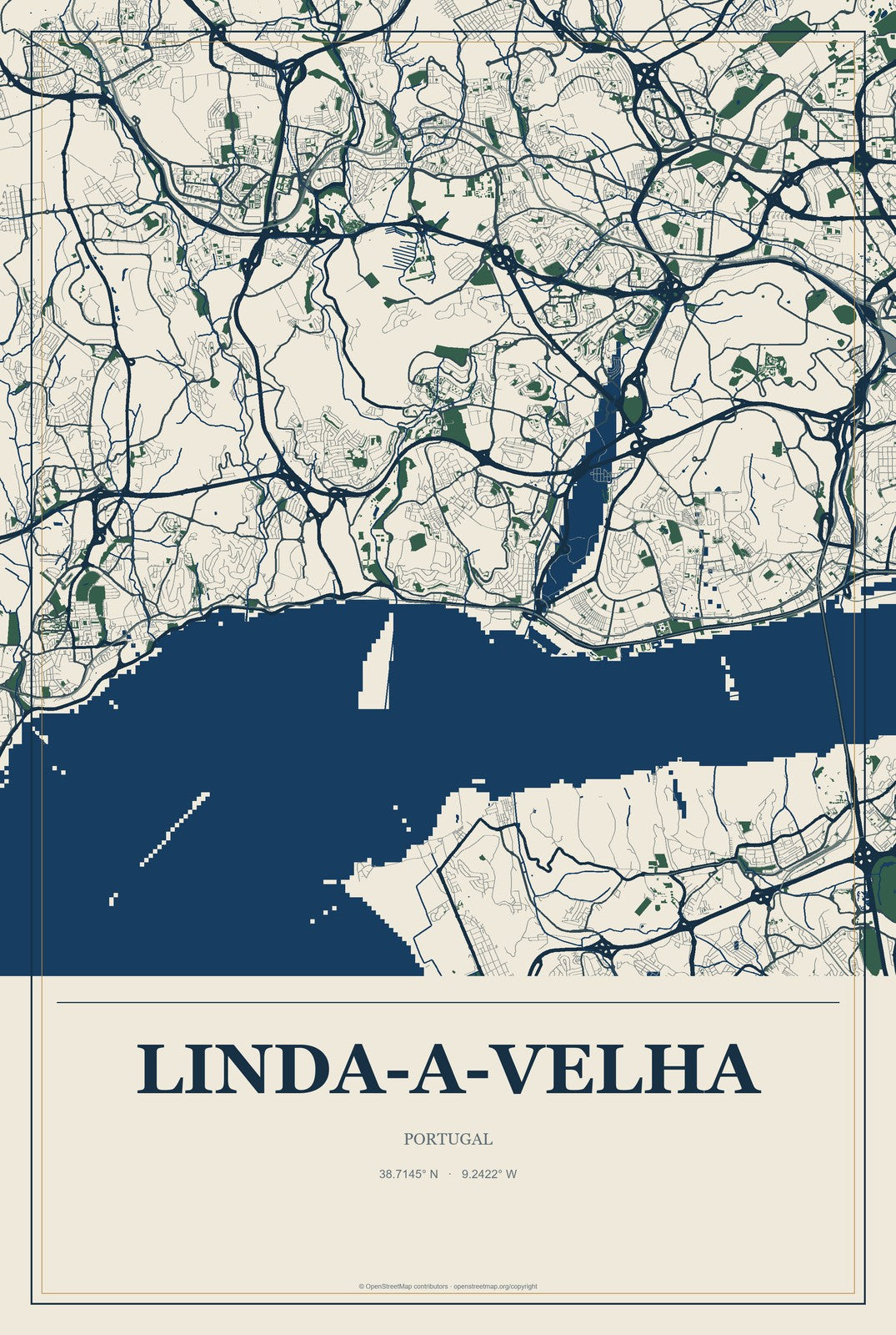 Linda-a-Velha, Portugal City Map Aluminum Sign in Coastal Cutout style