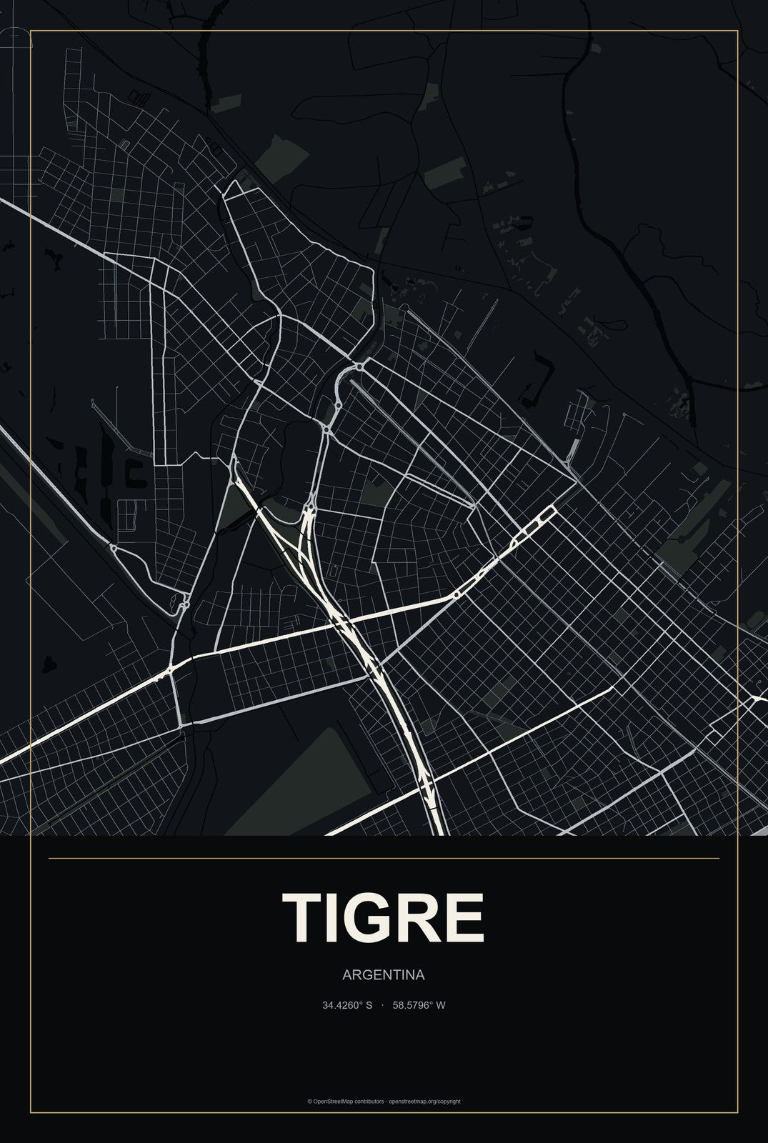 Tigre, Argentina City Map Aluminum Sign in Metropolitan Noir style