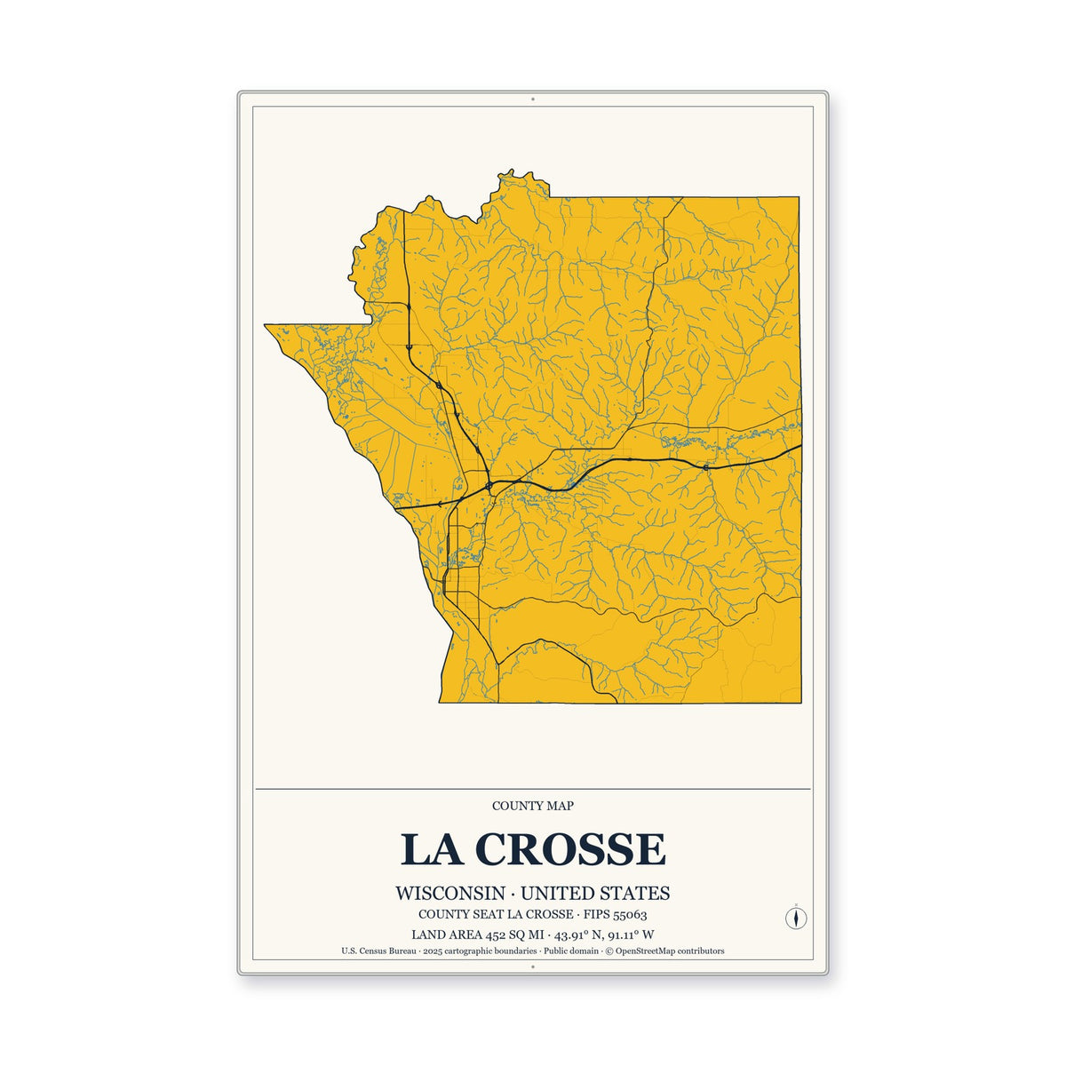 La Crosse County, Wisconsin Map Aluminum Sign in Citrine Modern style