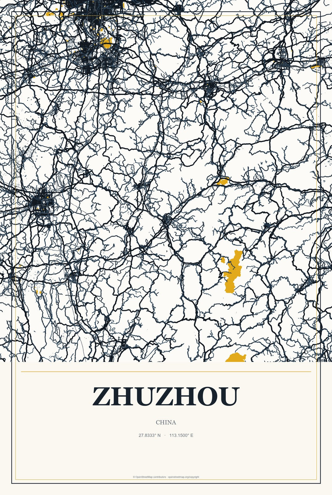 Zhuzhou, China City Map Aluminum Sign in Citrine Modern style