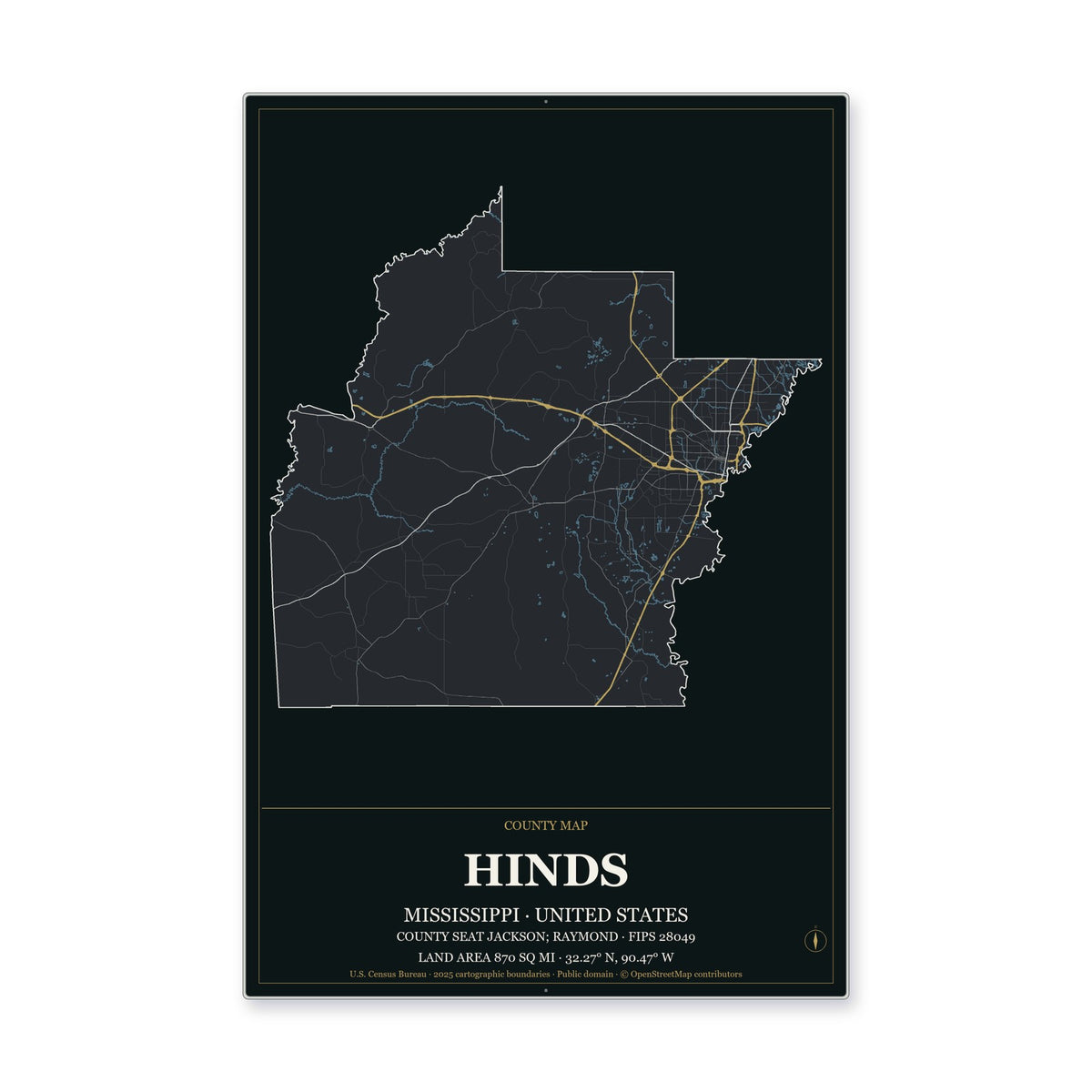 Hinds County, Mississippi Map Aluminum Sign in Metropolitan Noir style