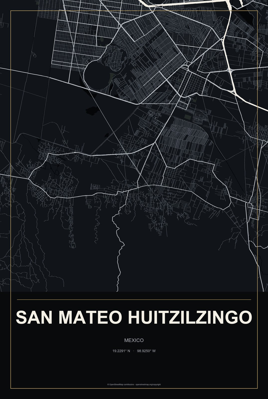 San Mateo Huitzilzingo, Mexico City Map Aluminum Sign in Metropolitan Noir style