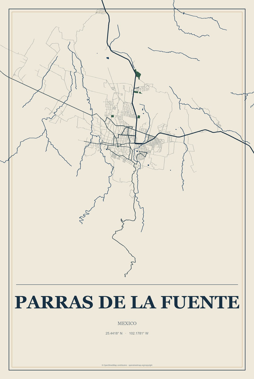 Parras de la Fuente, Mexico City Map Aluminum Sign in Coastal Cutout style