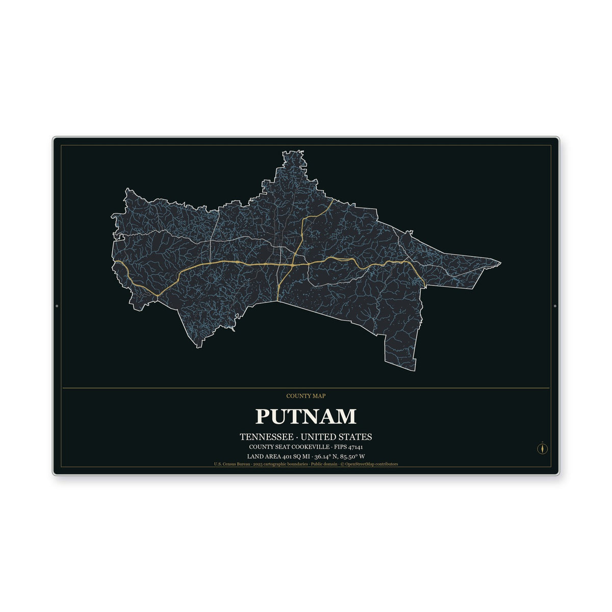 Putnam County, Tennessee Map Aluminum Sign in Metropolitan Noir style