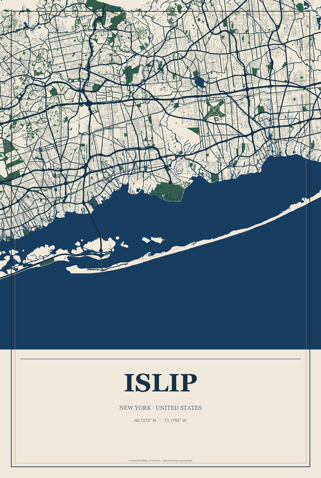 Islip, New York City Map Aluminum Sign in Coastal Cutout style
