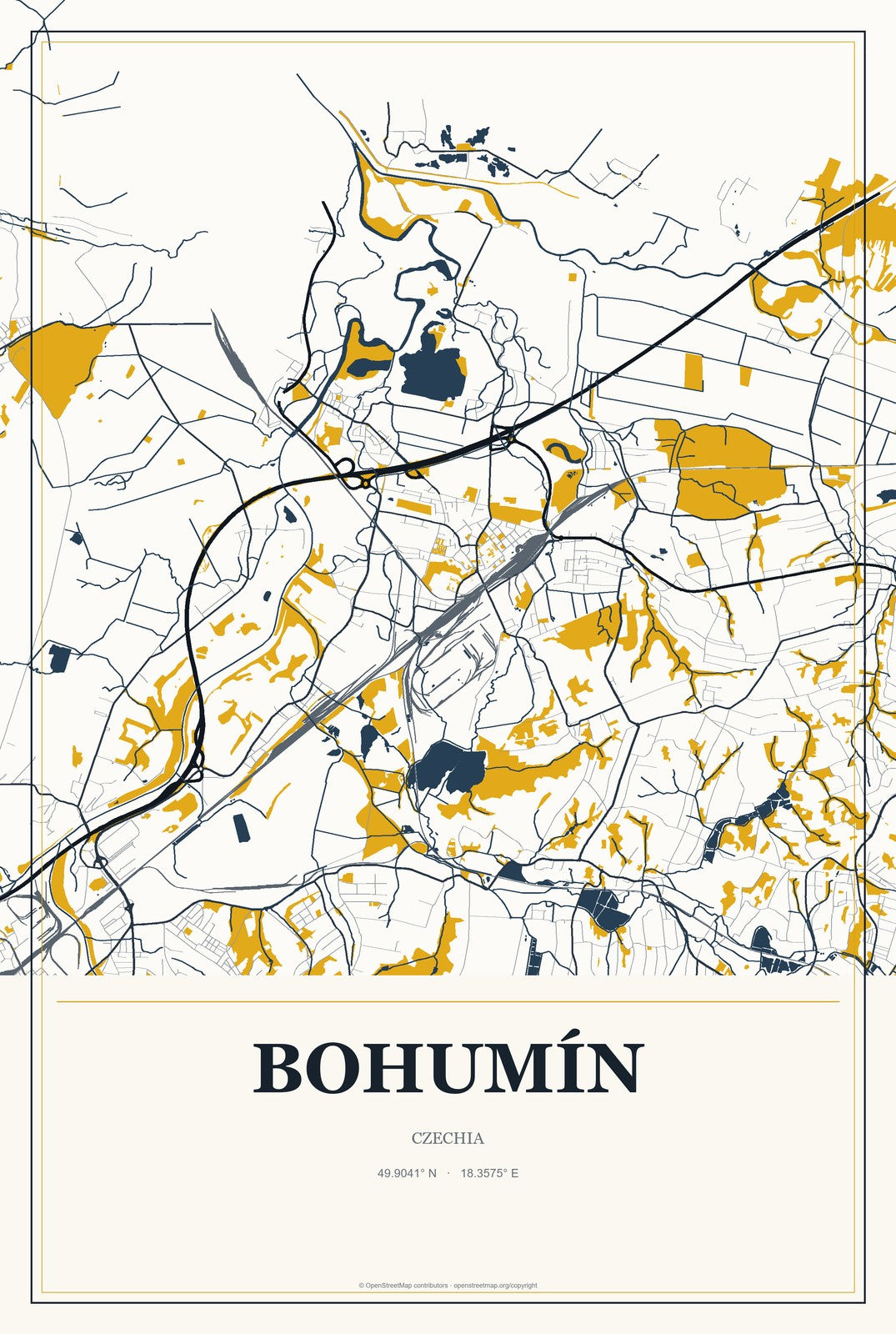 Bohumín, Czechia City Map Aluminum Sign in Citrine Modern style