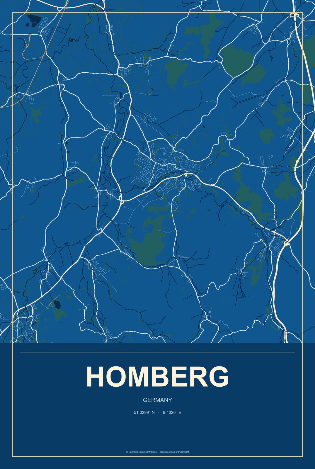 Homberg, Germany City Map Aluminum Sign in Harbor Cobalt style